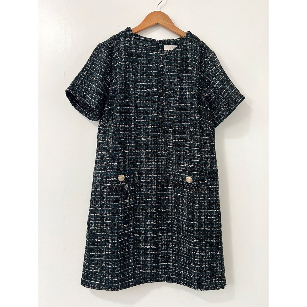 LOFT Tweed Shift Dress Short Sleeve Green Gold Button Pockets Size 8